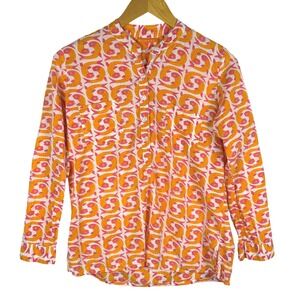 Oliphant Fish Tunic Blouse Shirt S Orange Pink Cotton Block Print Resort Beachy